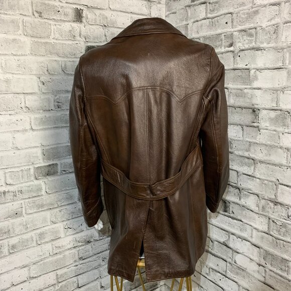 Vintage 70s Chocolate Brown Leather Retro Jacket Trench Coat Overcoat - Picture 5 of 16